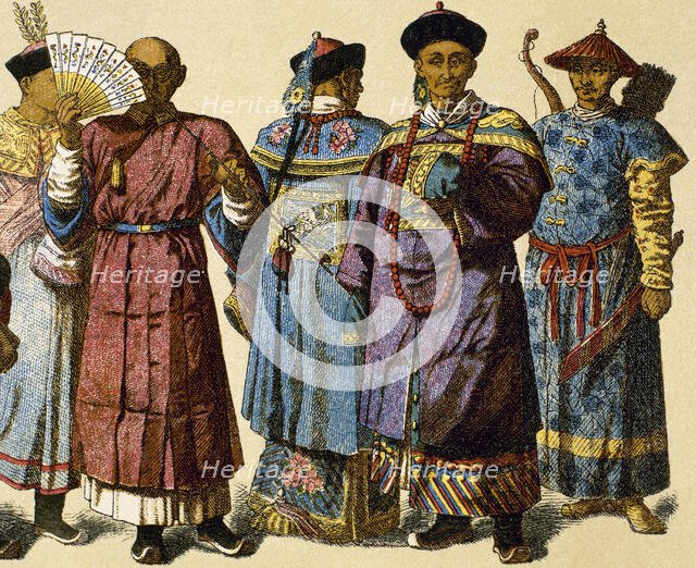 Chinese mandarin wearing official dress and house attire next to Chinese archer, Modern Age. Creator: Unknown.