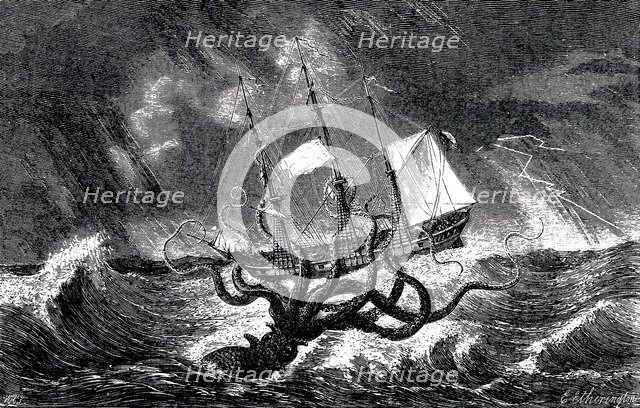 Kraken Attacking a Sailing Vessel During a Storm  , 1870.