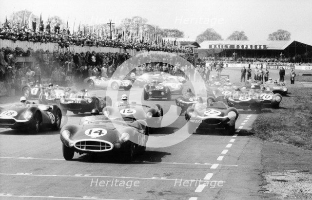 Scene at the start of a sports car race, Silverstone, Northamptonshire, (late 1950s?). Artist: Maxwell Boyd