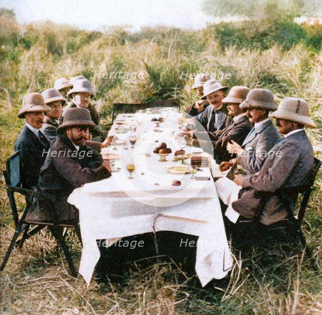 King George V (1865-1936) having lunch after tiger hunting in Nepal, 1911 (1936). Creator: Unknown.