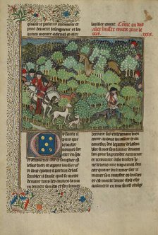 Hunters Pursuing a Deer; Livre de la Chasse, about 1430-1440. Creator: Unknown.