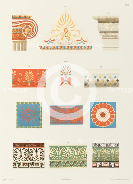 Capitals and other coloured parts of the Erechtheion and the Propylaea...of Athens, 1846.  Creator: Hubert Roux.