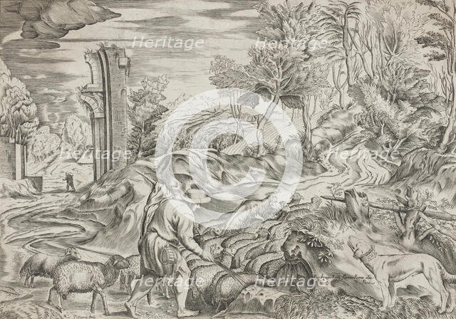 Landscape with Flock of Sheep and a Dog, 1560s - 1570s. Creator: Martino Rota.
