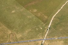 Parch mark of former WW1 military airfield which closed in 1921, Stonehenge Down, Wiltshire, 2022 Creator: Damian Grady.