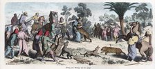 Ancient History. Persia. The Persian king and his entourage on a leopards hunting. German engravi…