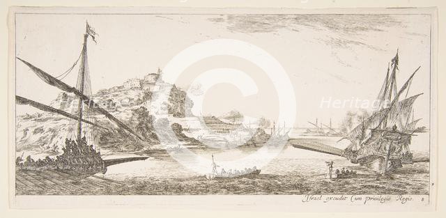 Plate 8: A the bow of a galley at left and another galley at right, seen from behind..., ca. 1641. Creator: Stefano della Bella.