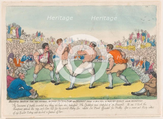 Boxing Match for 200 Guineas, Betwixt Dutch Sam and Medley Fought 31 May 1810, on ..., June 5, 1810. Creator: Thomas Rowlandson.