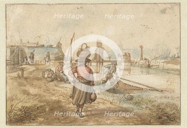 River Landscape with a Woman Carrying a Basket on her Head, Fishermen and Other Fig..., before c1620 Creator: Hendrick Avercamp.