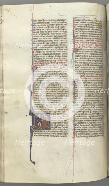 Fol. 222v, Psalm 52, historiated initial D, a fool naked but for a cloak, holding a bladder..., c. 1 Creator: Unknown.