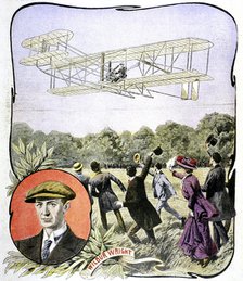 Wilbur Wright's first flight in Europe at the Hanaudieres racetrack near Le Mans, France, 1908. Artist: Unknown