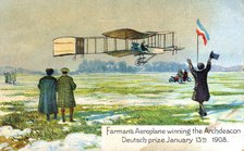 Henri Farman, French aviator, winning prize for first circular kilometre flight, Paris, Jan 1908. Artist: Unknown