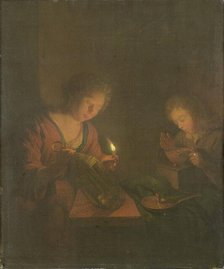 Fire and Light (A Girl Places a Candle in a Lantern and a Boy Blows on the Coals..., 1690-1706. Creator: Godfried Schalcken.