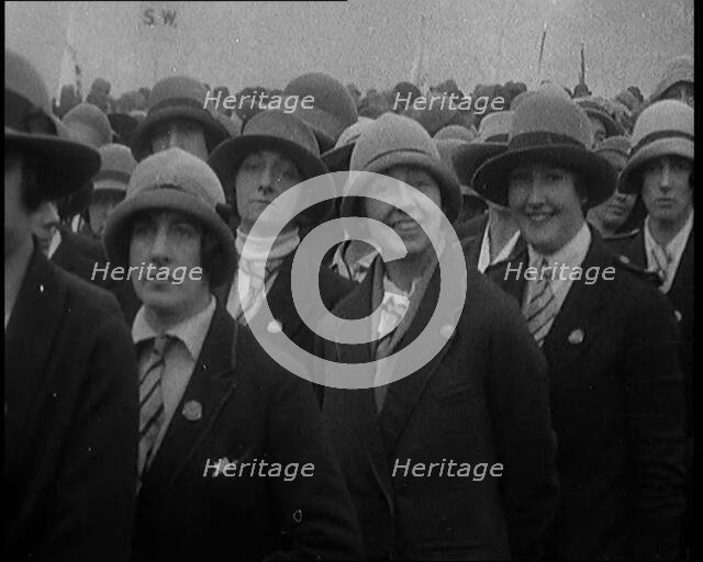 A Group of Female Civilians Wearing Ties, Coats and Hats at a Political Rally, 1920. Creator: British Pathe Ltd.