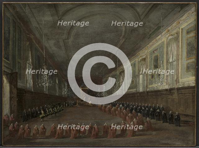 Pope Pius VI Descending the Throne to Take Leave of the Doge in the Hall..., c. 1783. Creator: Francesco Guardi (Italian, 1712-1793).
