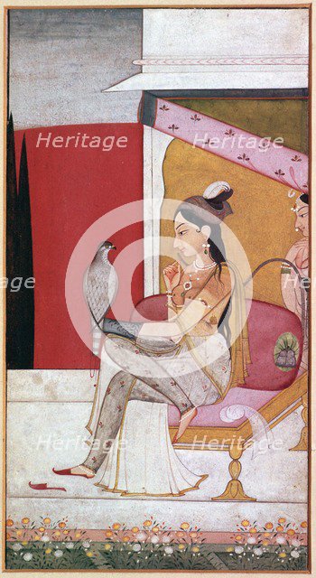 Punjabi illustration of a lady with a hawk. Creator: Unknown.