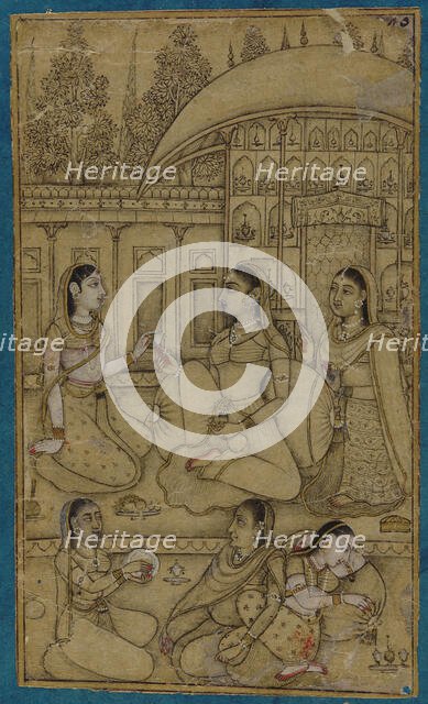 A lady and attendants seated in a courtyard, early 18th century. Creator: Unknown.