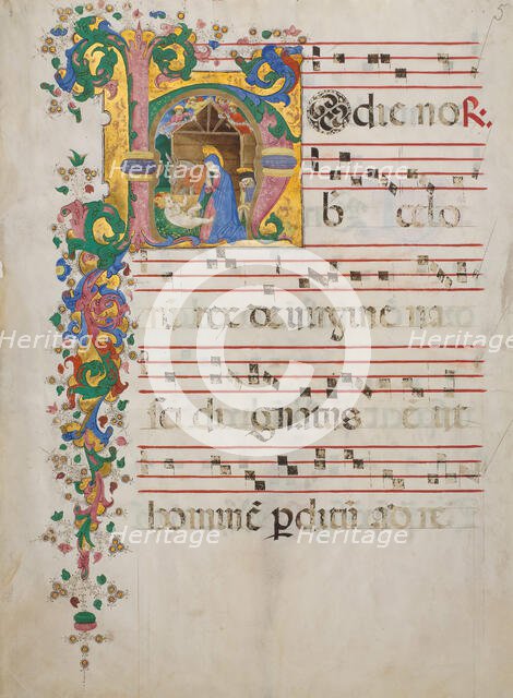 Manuscript Leaf with the Nativity in an Initial H, from an Antiphonary, Italian, second half 15th ce Creator: Master of the Riccardiana Lactantius.