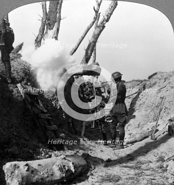 Soldiers waiting in the trenches to go over the top, World War I, 1914-1918.Artist: Realistic Travels Publishers
