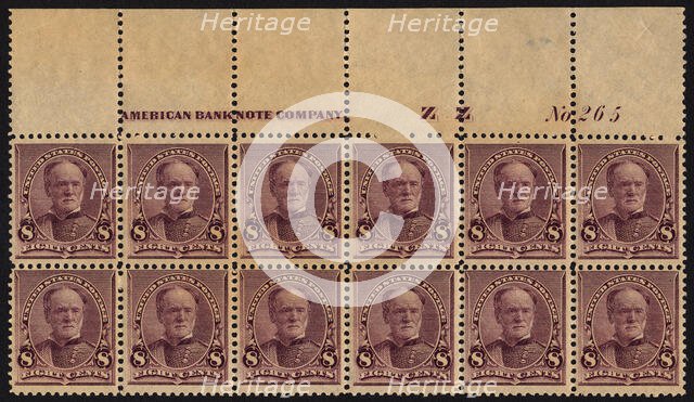 8c William T. Sherman imprint plate block of twelve, March 21, 1893. Creator: American Bank Note Company.