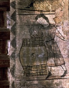 Month of September: making barrels. Fragment of medieval calendar frescoed in the soffit of an ar…
