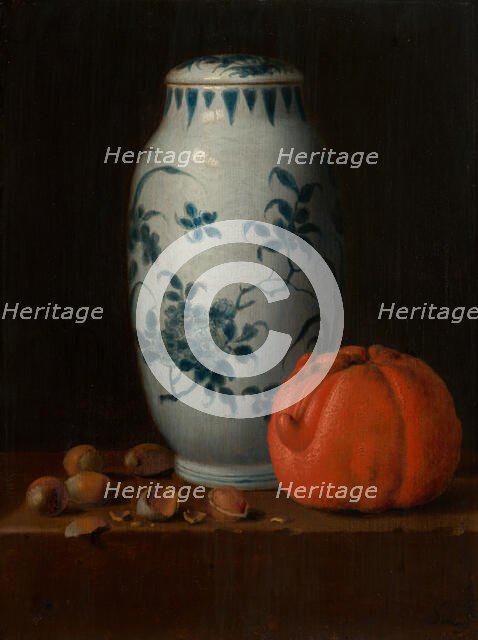 Still Life with Chinese Vase, Hazelnuts and Orange, c1630-1660. Creator: Simon Luttichuys.