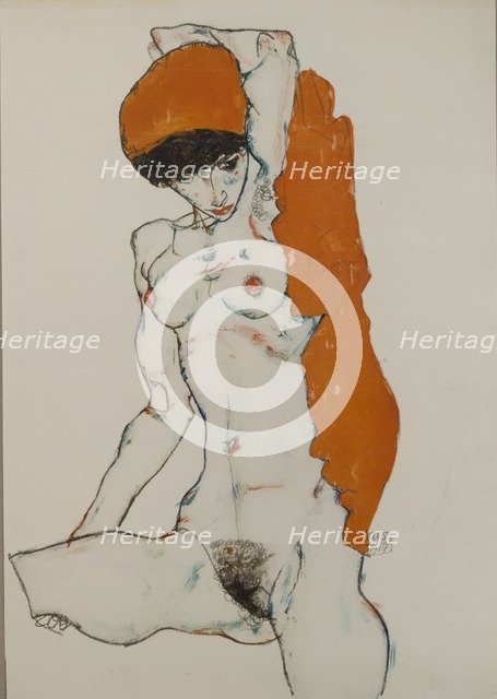 Female nude with orange-red cloth, 1914. Artist: Schiele, Egon (1890-1918)
