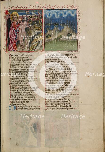 God with Adam and Eve: The First Rain in Paradise; Weltchronik, about 1400-1410. Creator: Unknown.