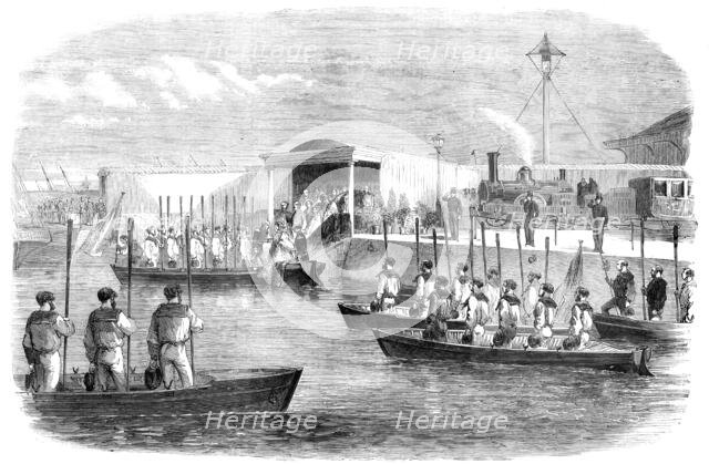 The Naval Review: the Queen and Royal Family embarking at Portsmouth - sketched by R. Landells, 1856 Creator: Unknown.