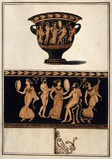 Above, a red-figured Greek wine bowl (krater); below, detail of the decoration showing ..., .1760-9. Creator: Augustin Dahlsteen.