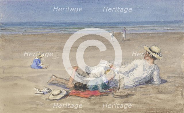 Resting nanny with two children on the beach, 1874-1927. Creator: Johan Antonie de Jonge.