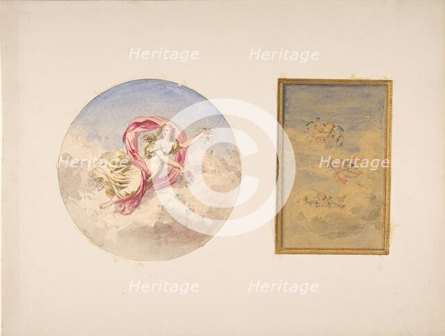 Two designs for the decoration of ceilings with figures in clouds, 1830-97. Creators: Jules-Edmond-Charles Lachaise, Eugène-Pierre Gourdet.