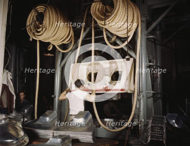 Huge drop hammers work day and night form...North American Aviation, Inc., Inglewood, Calif. , 1942. Creator: Alfred T Palmer.