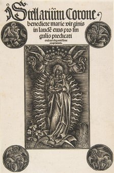 Virgin on a Crescent, Title-page from Pelbartus de Temesvar: Stellarium corone (Schr. 2869..., 1502. Creator: Attributed to Daniel Hopfer.
