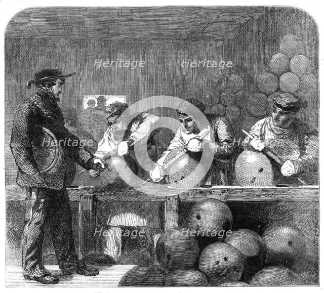 Finishing shells at Woolwich Arsenal, 1862. Creator: W Thomas.
