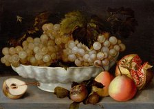 Still life with grapes in a white ceramic bowl, a pomegranate and pears on a..., early 17th cen.. Creator: Galizia; Fede (1578-1630).