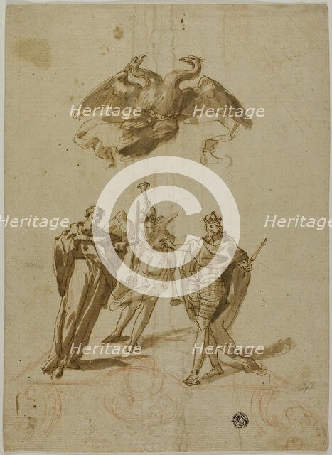 Allegorical Subject: Two-headed Imperial Eagle on Clouds; On Ground, a Draped..., 16th century. Creator: Unknown.