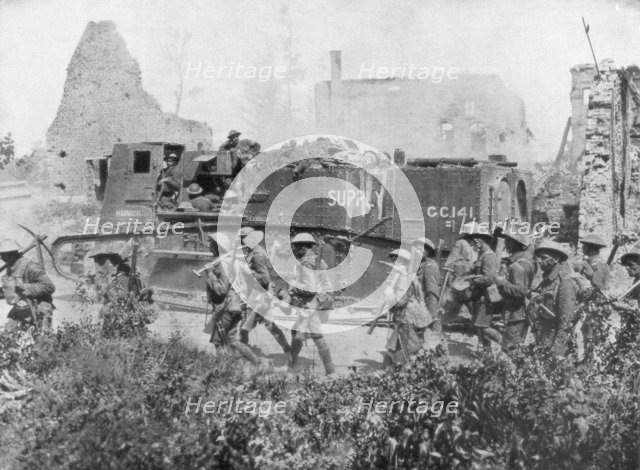 Allied troops marching through a liberated town, 27 October 1918. Artist: Unknown