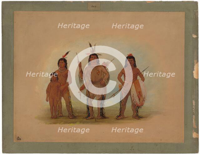 Spokan Chief, Two Warriors, and a Boy, 1855/1869. Creator: George Catlin.