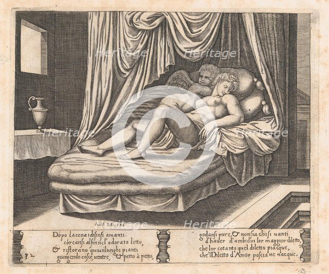 Plate 32: Cupid and Psyche in the nuptial bed, from the Story of Cupid and Psyche as to..., 1530-60. Creator: Master of the Die.
