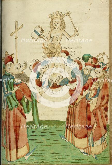 King Avenir, Josaphat and the Pagan Scholars Behold the Sun God in the Clouds, 1469. Creators: Hans Schilling, Diebolt Lauber.