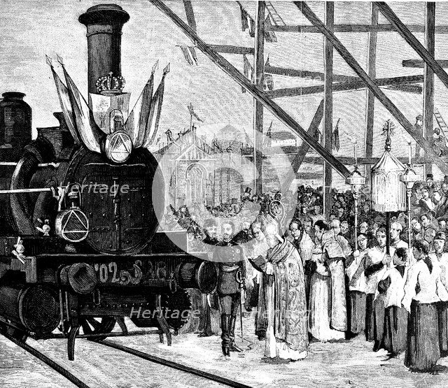 Blessing of the first locomotive, before the King and Queen of Spain, which circulated in the dir…