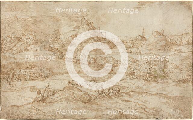 Landscape with Shepherds Driving Away a Wolf, c. 1540. Creator: Domenico Campagnola.