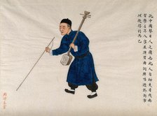 A blind musician carrying a shamisen (?) and walking with the aid of a cane, 1890. Creator: Pei Qun Zhou.