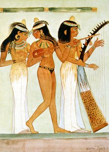 Ancient Egyptian musicians and a dancer, 1910. Artist: Walter Tyndale