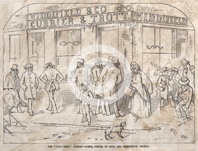 The "Cold Term," Boston - Scene, Corner Milk and Washington Streets, 1858. Creator: Winslow Homer (American, 1836-1910).