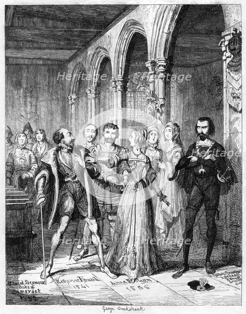 Queen Jane interposing between Northumberland and Simon Renard, 1553 (1840).Artist: George Cruikshank