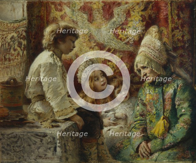 Grandma with Kids (Grandmother's Fairy Tale), 1882. Artist: Makovsky, Konstantin Yegorovich (1839-1915)