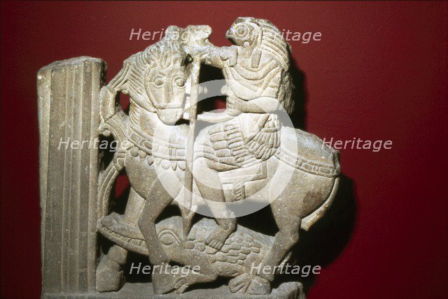 Horus on a Horse spears a Crocodile, Egyptian Sandstone, 5th century. Artist: Unknown.