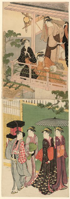 A Fan Peddler Passing Beneath a Balcony, c. 1786. Creator: Torii Kiyonaga.