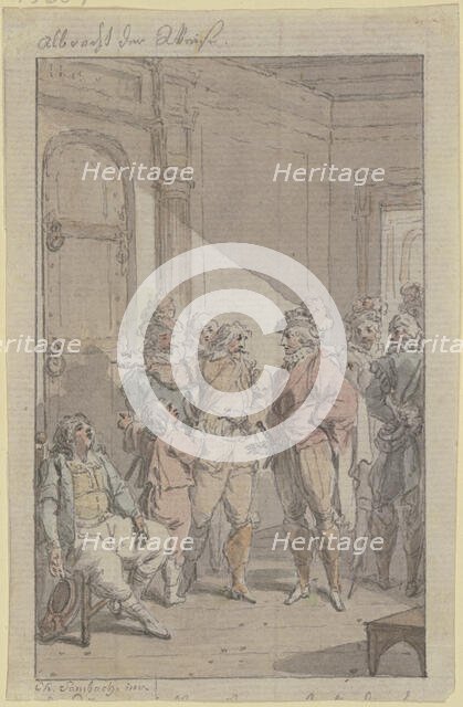 A prince with his retinue at a locked door, next to which sits an exhausted man. Creator: Christian Sambach.